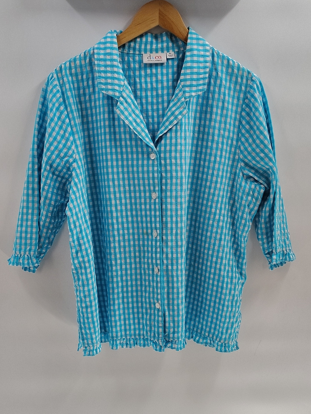 D&Co Button Down Blouse XL Turquoise And White Gingham Check Elbow Sleeves